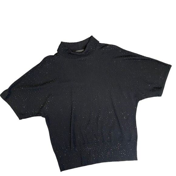 ST JOHN Black Sequin Shimmer Embellish Short Sleeve turtleneck 100% wool M - Picture 2 of 12